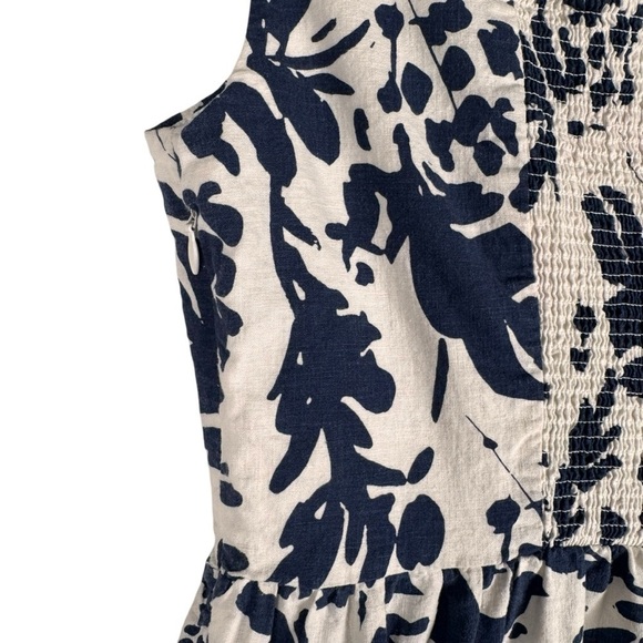 Magaschoni Floral Linen Blend White Navy Blue Sleeveless Midi Dress Size 8 - Picture 6 of 7